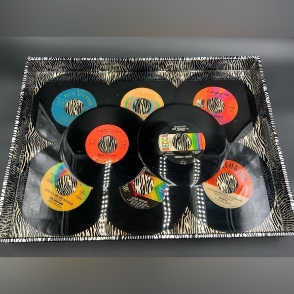 Handmade SERVING TRAY w/Handles Zebra Covered with Vintage 45 RPM Vinyl Records - Picture 1 of 5